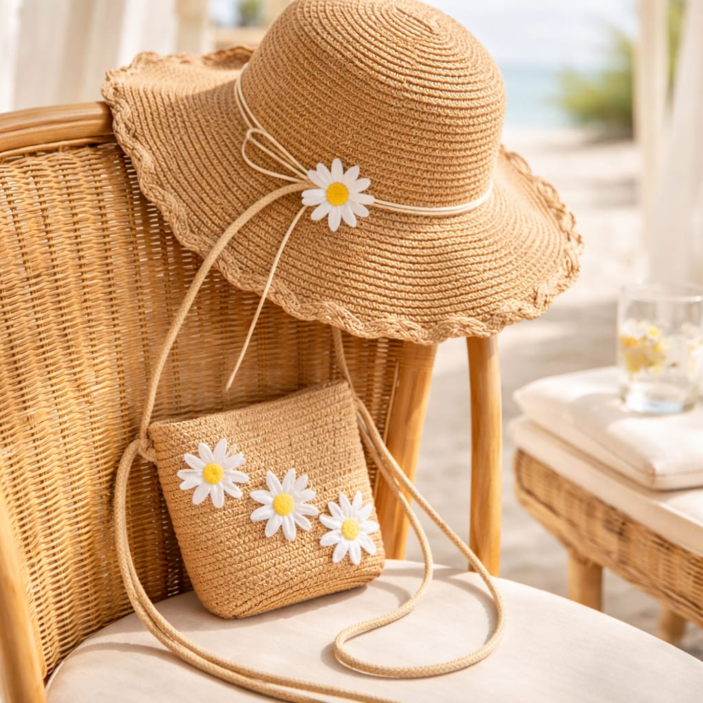 Soft Brown Daisy Beach Essentials Set - Handmade