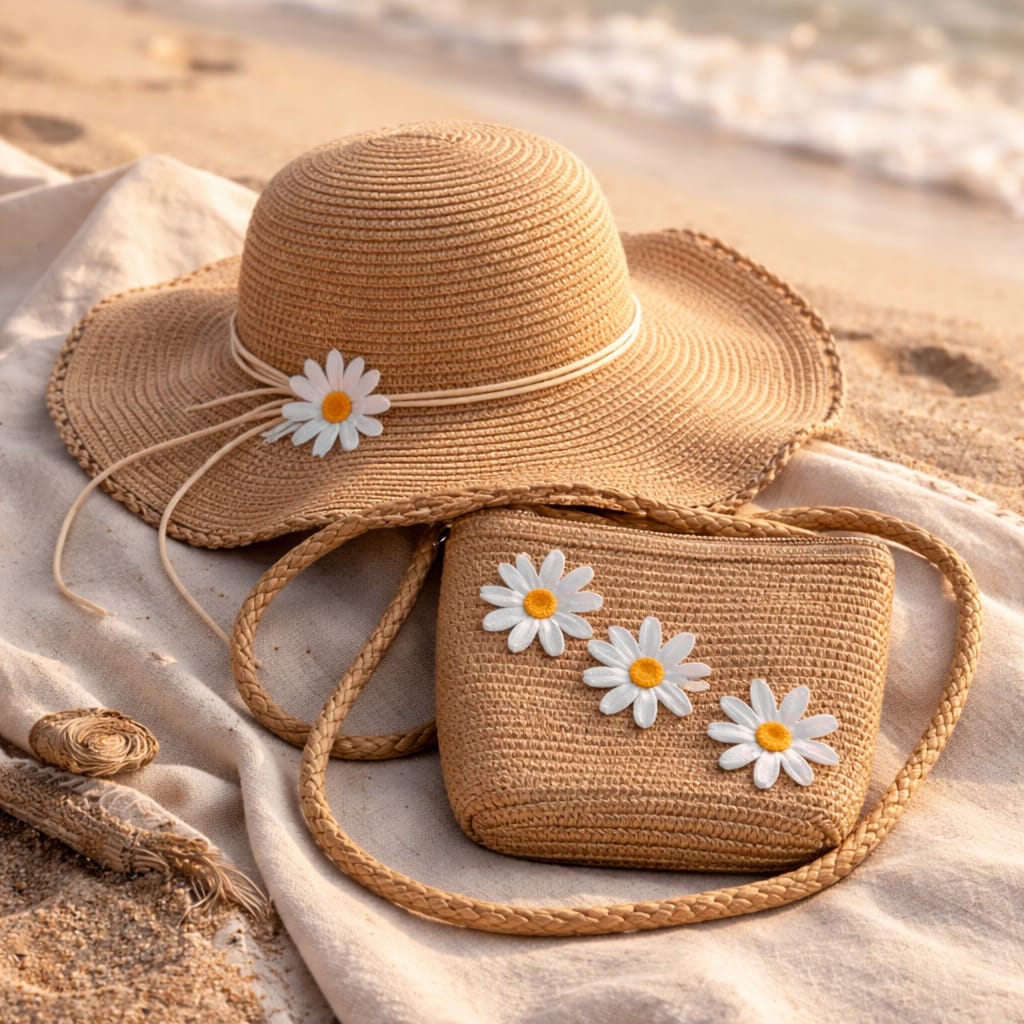 Soft Brown Daisy Beach Essentials Set - Handmade